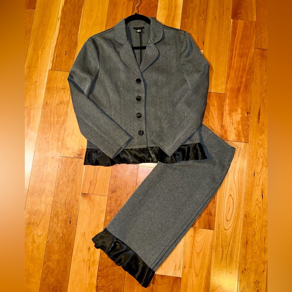 Courtenay Charcoal Grey Skirt Dress Suit with Black Satin Trim